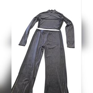 Adidas Velour Tracksuit Set – Grey Crop Top Small & Wide Leg Pants Medium – Y2K
